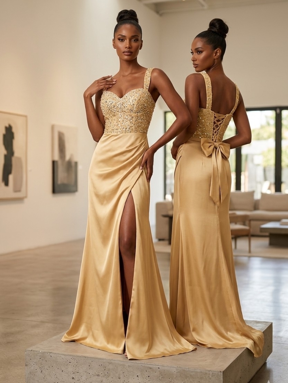 Gold Satin Evening Gown with Embellished Bodice